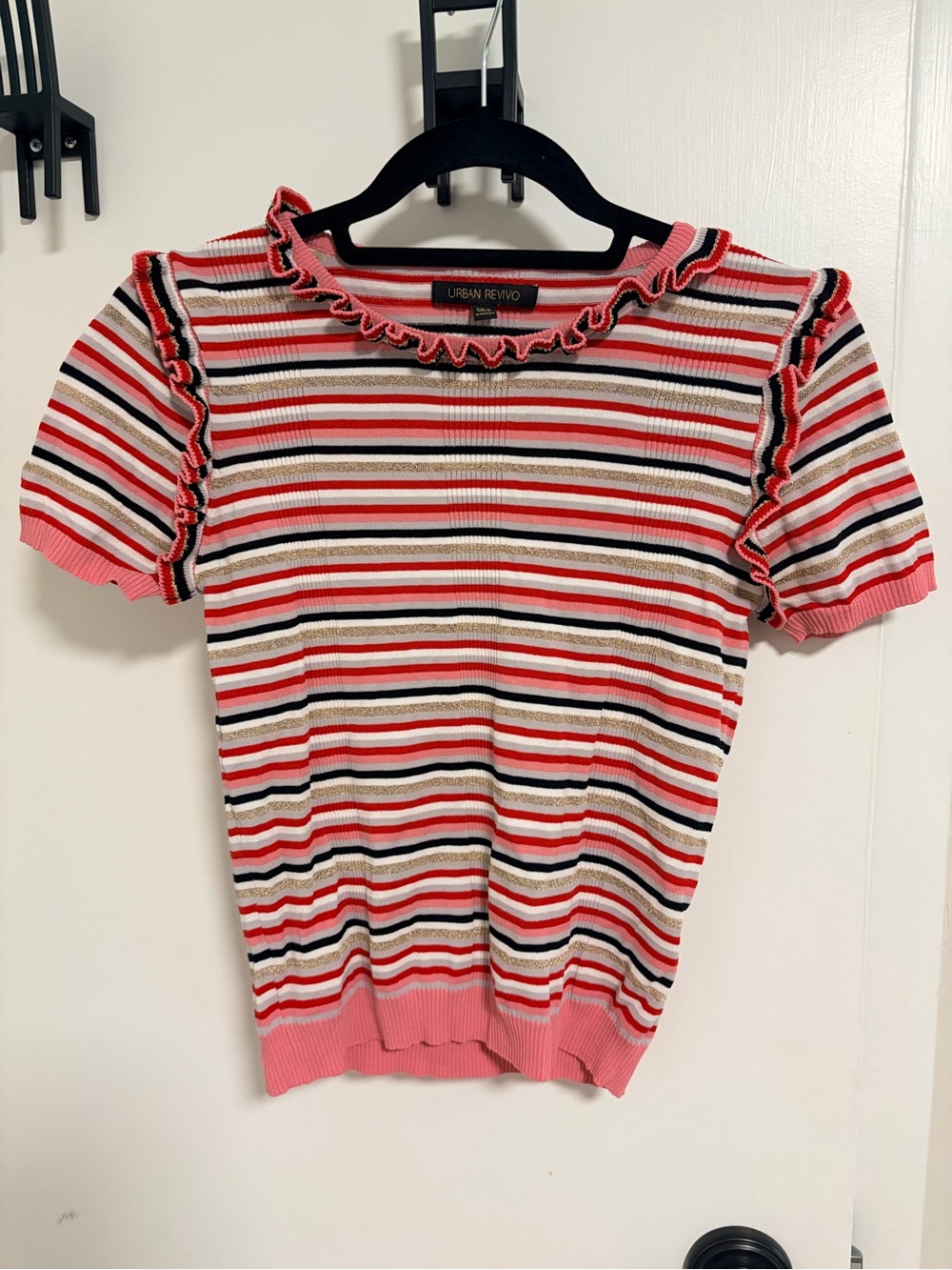 Urban Revivo Pink Multi-Stripe Ruffle Short Sleeve Knit Top